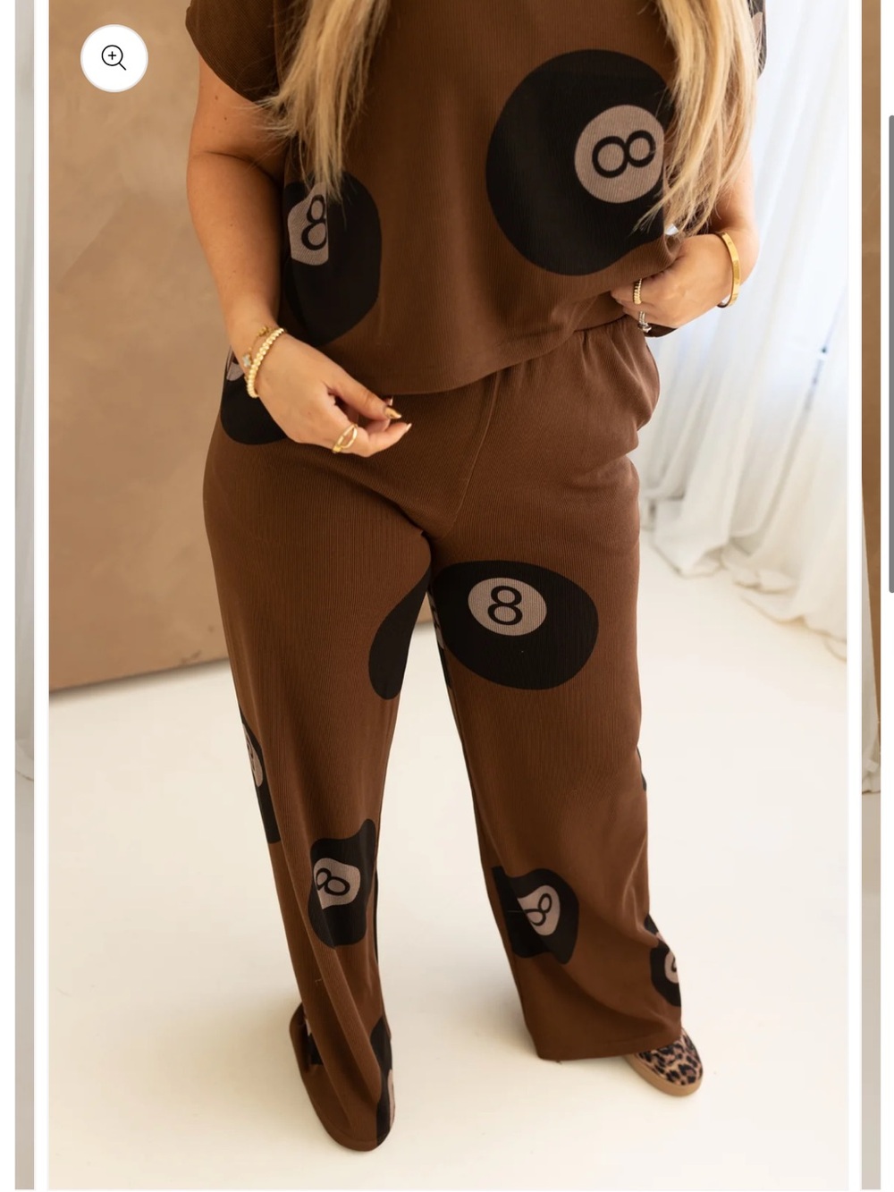 Bourbon & Belles Wide Leg Brown 8-Ball Print Lounge Pants - Women - Picture 3 of 6